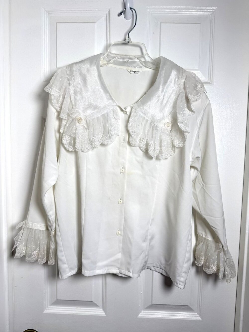 Vintage 80's Dong A Lace Trim Victorian Romantic White Blouse Size Medium As Is